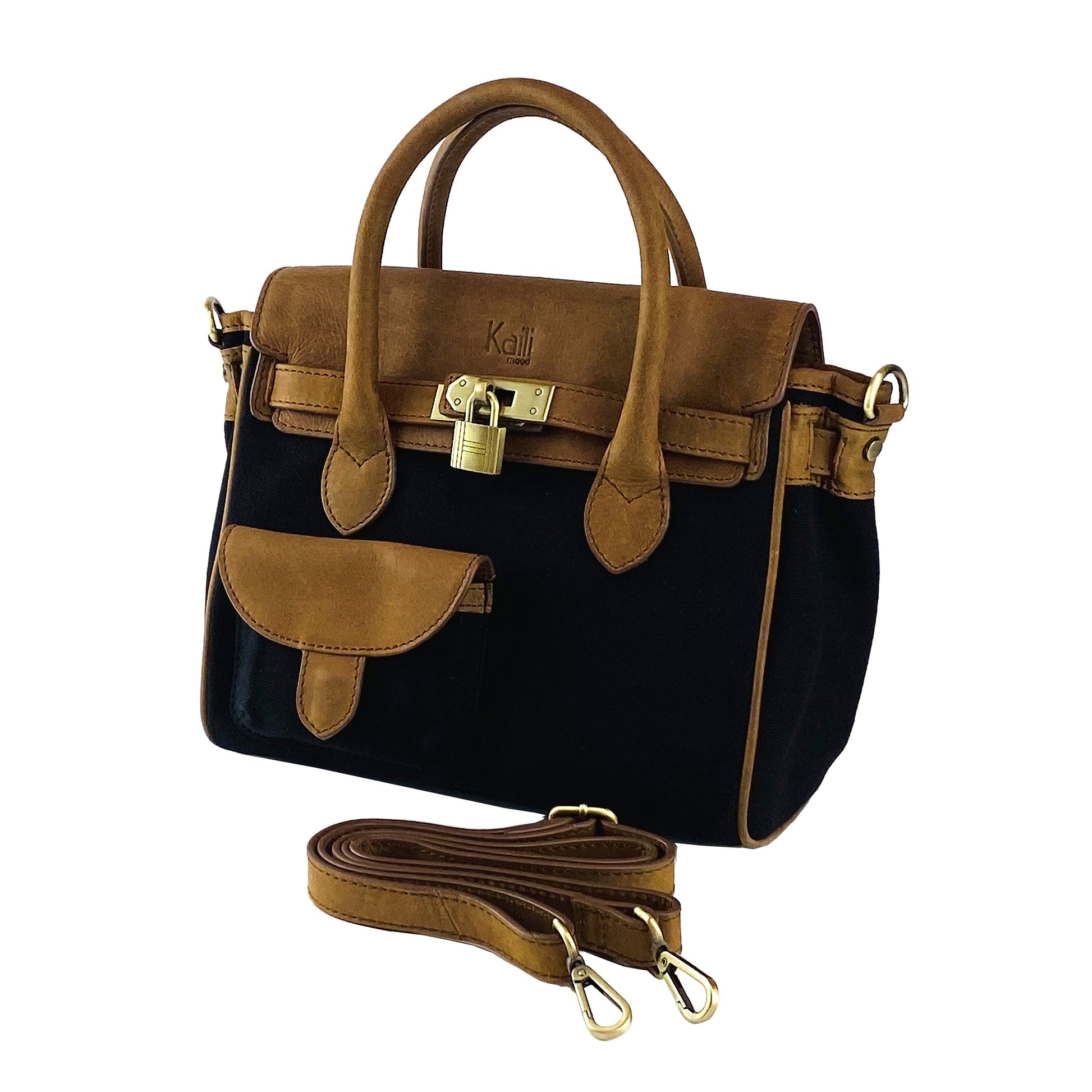 K0042ACB | Mini Handbag in Canvas/Genuine Leather Made in Italy. Removable shoulder strap. Attachments with antique brass metal snap hooks - Black color - Dimensions: cm 24 x 20 x 12