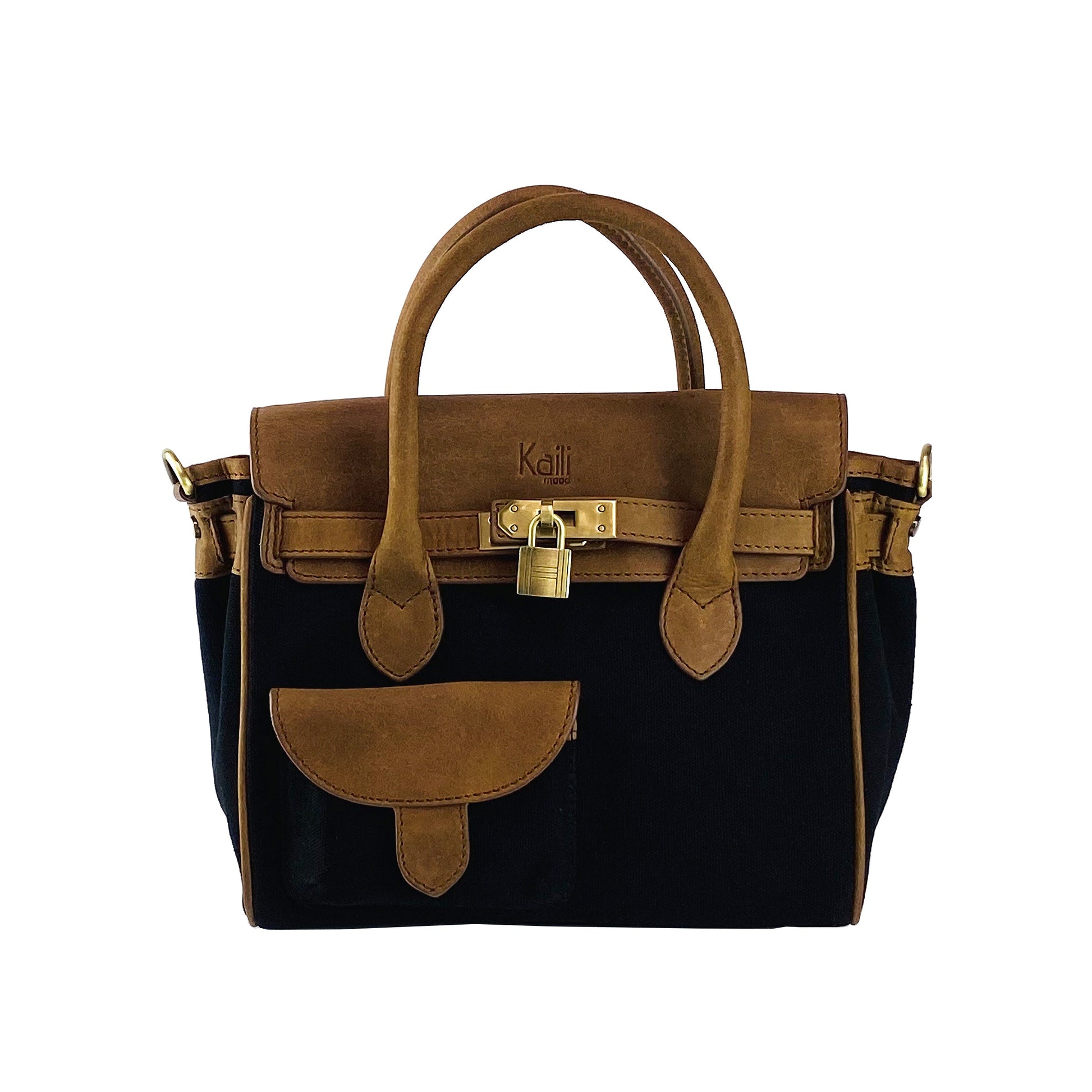 K0042ACB | Mini Handbag in Canvas/Genuine Leather Made in Italy. Removable shoulder strap. Attachments with antique brass metal snap hooks - Black color - Dimensions: cm 24 x 20 x 12