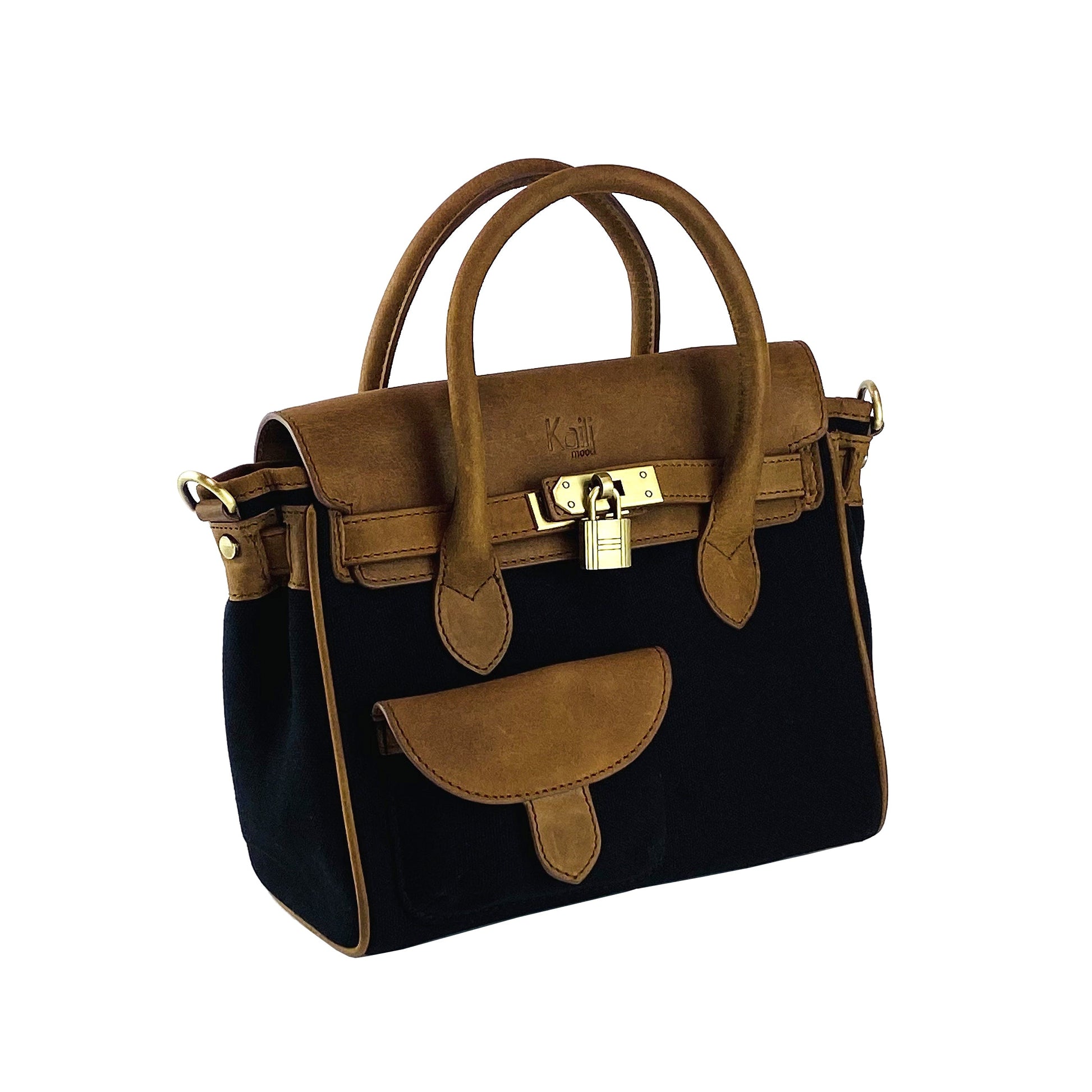 K0042ACB | Mini Handbag in Canvas/Genuine Leather Made in Italy. Removable shoulder strap. Attachments with antique brass metal snap hooks - Black color - Dimensions: cm 24 x 20 x 12