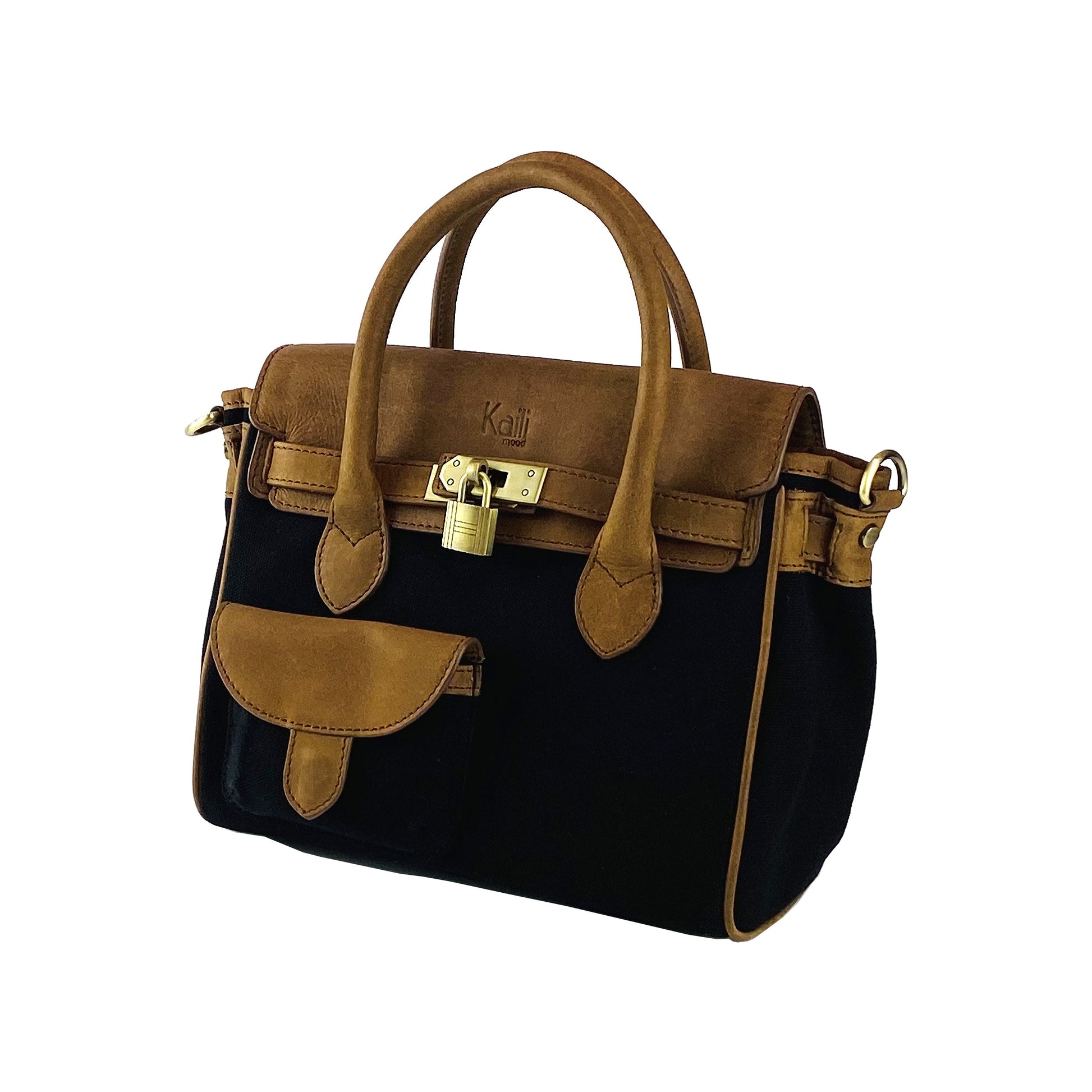 K0042ACB | Mini Handbag in Canvas/Genuine Leather Made in Italy. Removable shoulder strap. Attachments with antique brass metal snap hooks - Black color - Dimensions: cm 24 x 20 x 12