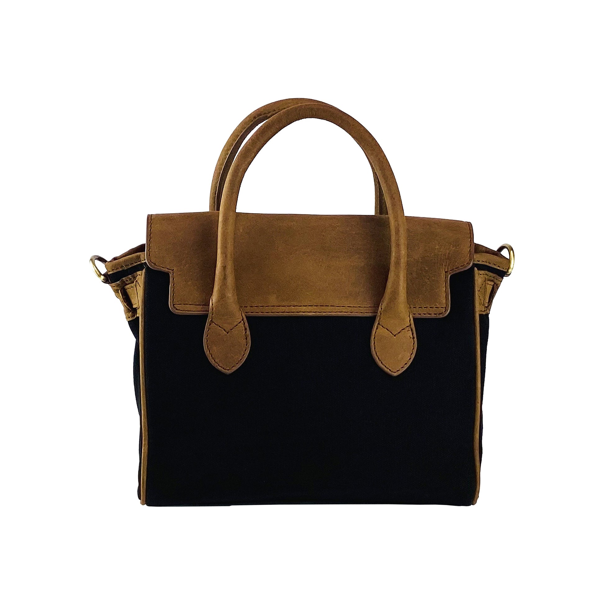 K0042ACB | Mini Handbag in Canvas/Genuine Leather Made in Italy. Removable shoulder strap. Attachments with antique brass metal snap hooks - Black color - Dimensions: cm 24 x 20 x 12