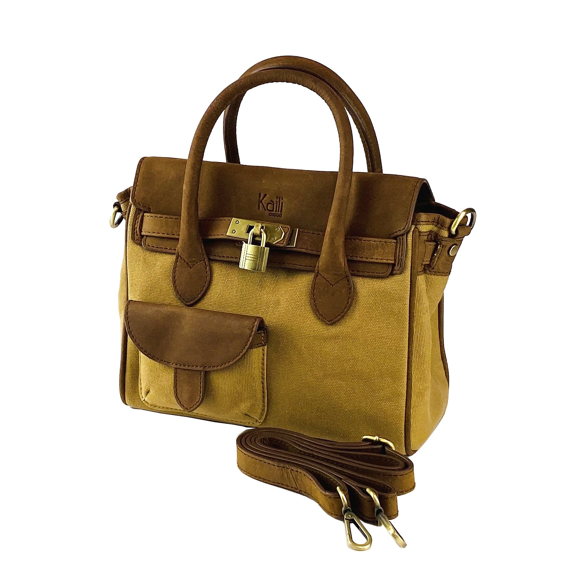 K0042BACB | Mini Handbag in Canvas/Genuine Leather Made in Italy. Removable shoulder strap. Attachments with antique brass metal snap hooks - Hazelnut color - Dimensions: cm 24 x 20 x 12