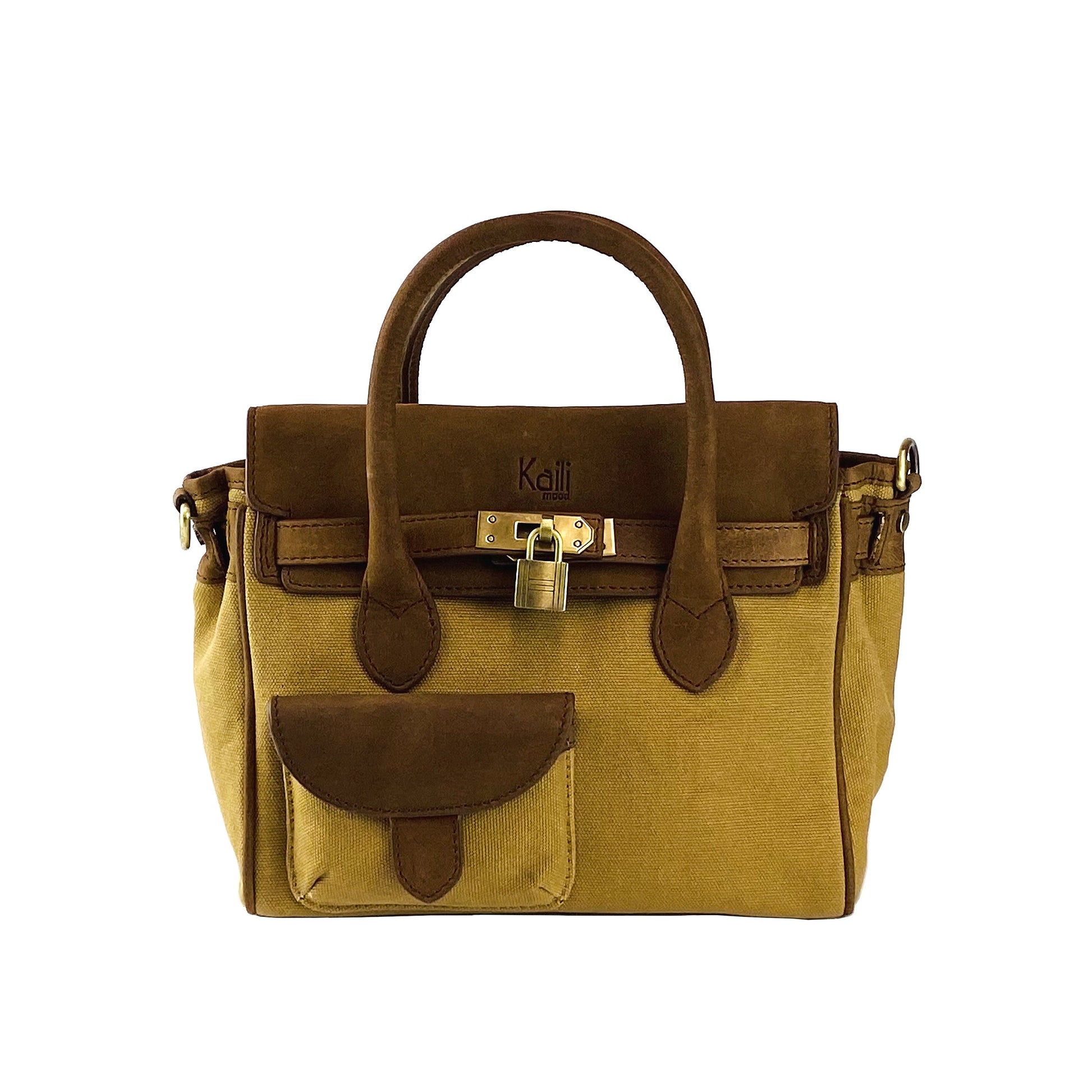 K0042BACB | Mini Handbag in Canvas/Genuine Leather Made in Italy. Removable shoulder strap. Attachments with antique brass metal snap hooks - Hazelnut color - Dimensions: cm 24 x 20 x 12