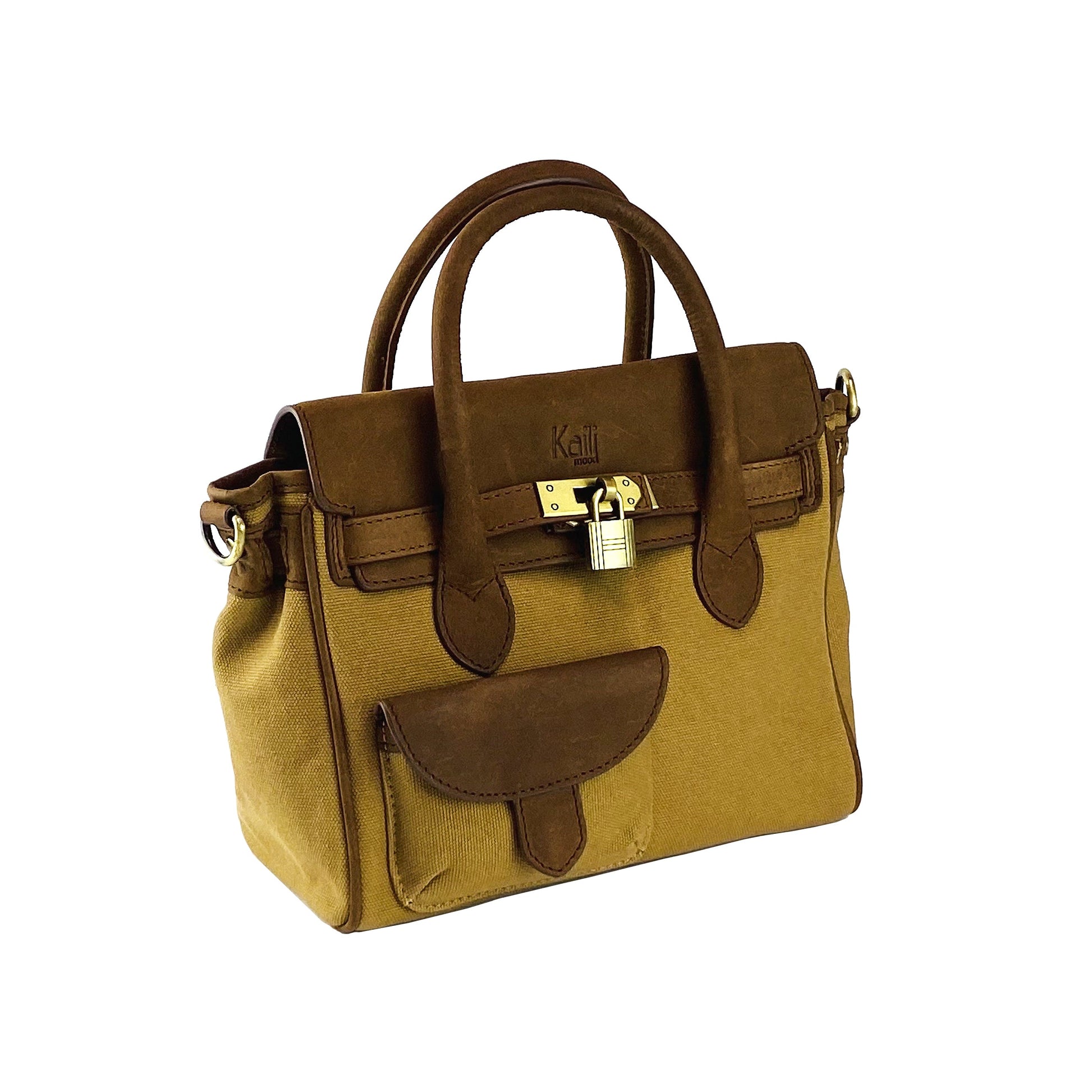 K0042BACB | Mini Handbag in Canvas/Genuine Leather Made in Italy. Removable shoulder strap. Attachments with antique brass metal snap hooks - Hazelnut color - Dimensions: cm 24 x 20 x 12