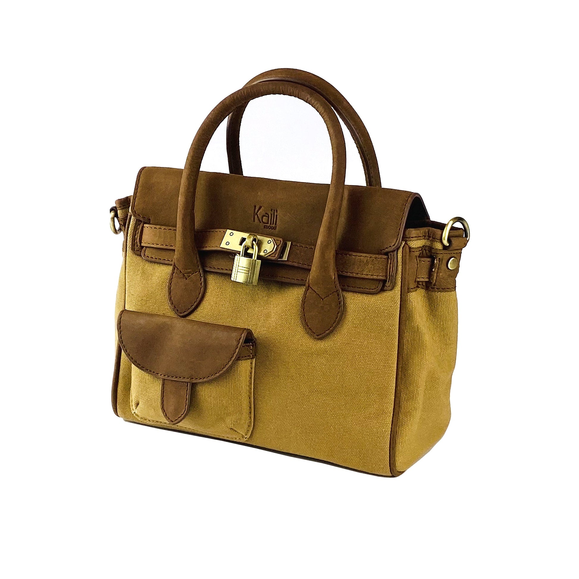 K0042BACB | Mini Handbag in Canvas/Genuine Leather Made in Italy. Removable shoulder strap. Attachments with antique brass metal snap hooks - Hazelnut color - Dimensions: cm 24 x 20 x 12