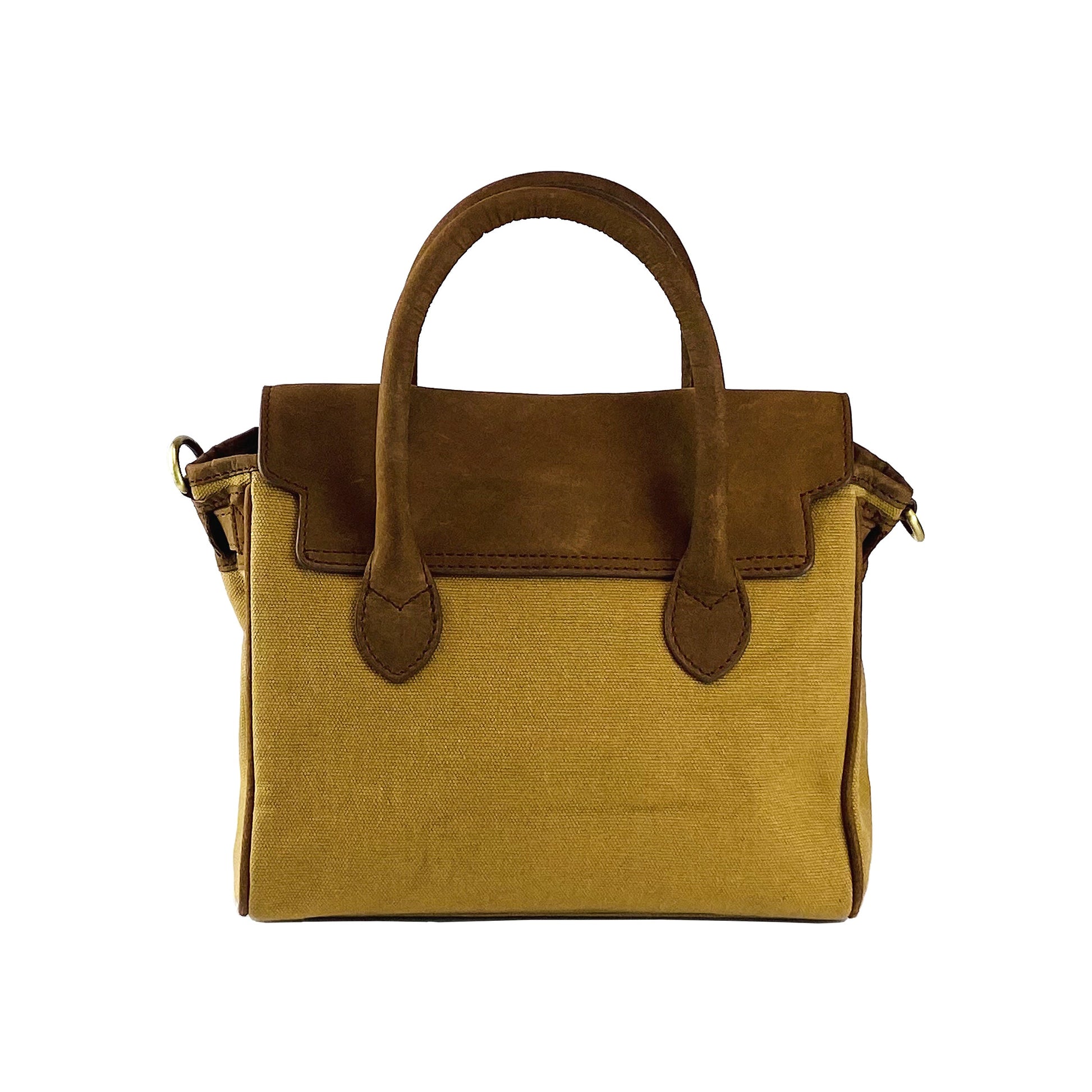 K0042BACB | Mini Handbag in Canvas/Genuine Leather Made in Italy. Removable shoulder strap. Attachments with antique brass metal snap hooks - Hazelnut color - Dimensions: cm 24 x 20 x 12