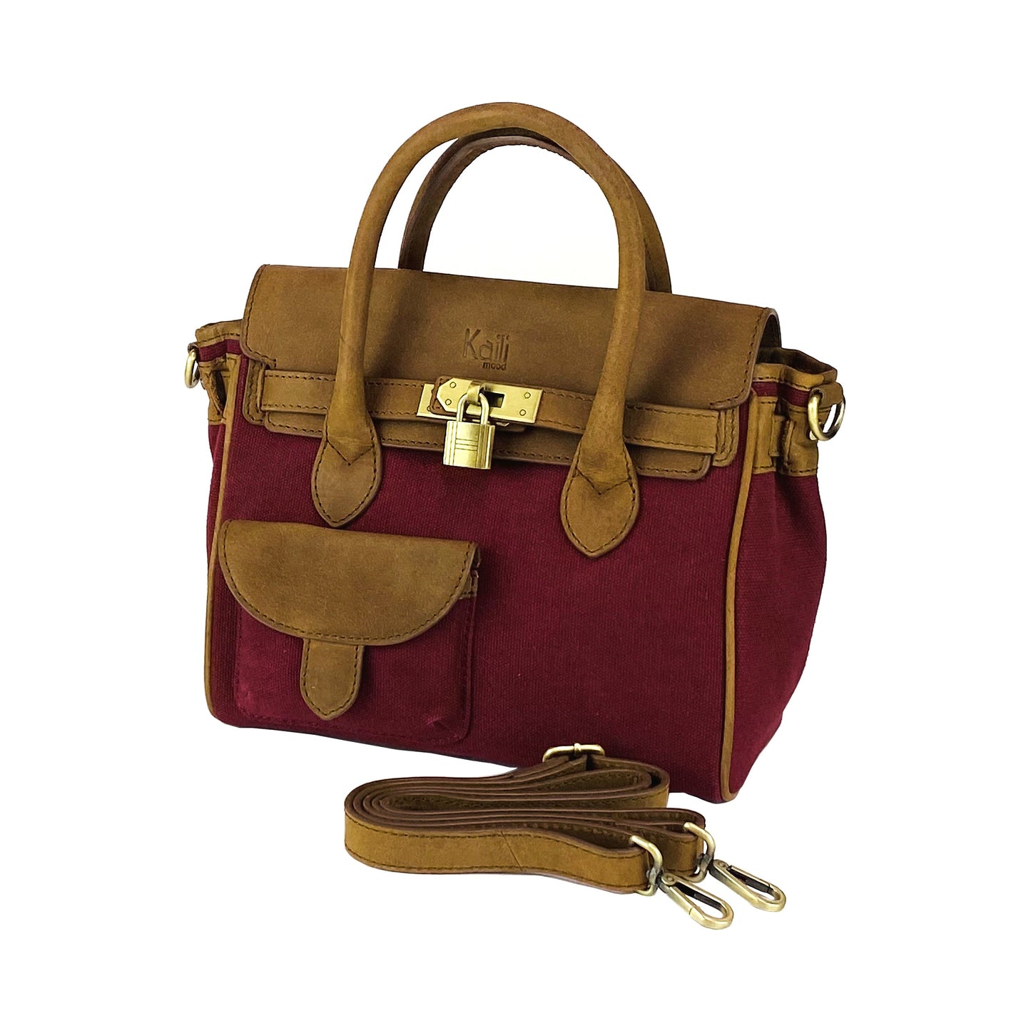 K0042XCB | Borsa a Mano Mini in Canvas/Vera Pelle Made in Italy. Tracolla removibile. Attacchi con moschettoni in metallo Ottone Anticato - Colore Bordeaux - Dimensioni: cm 24 x 20 x 12-0