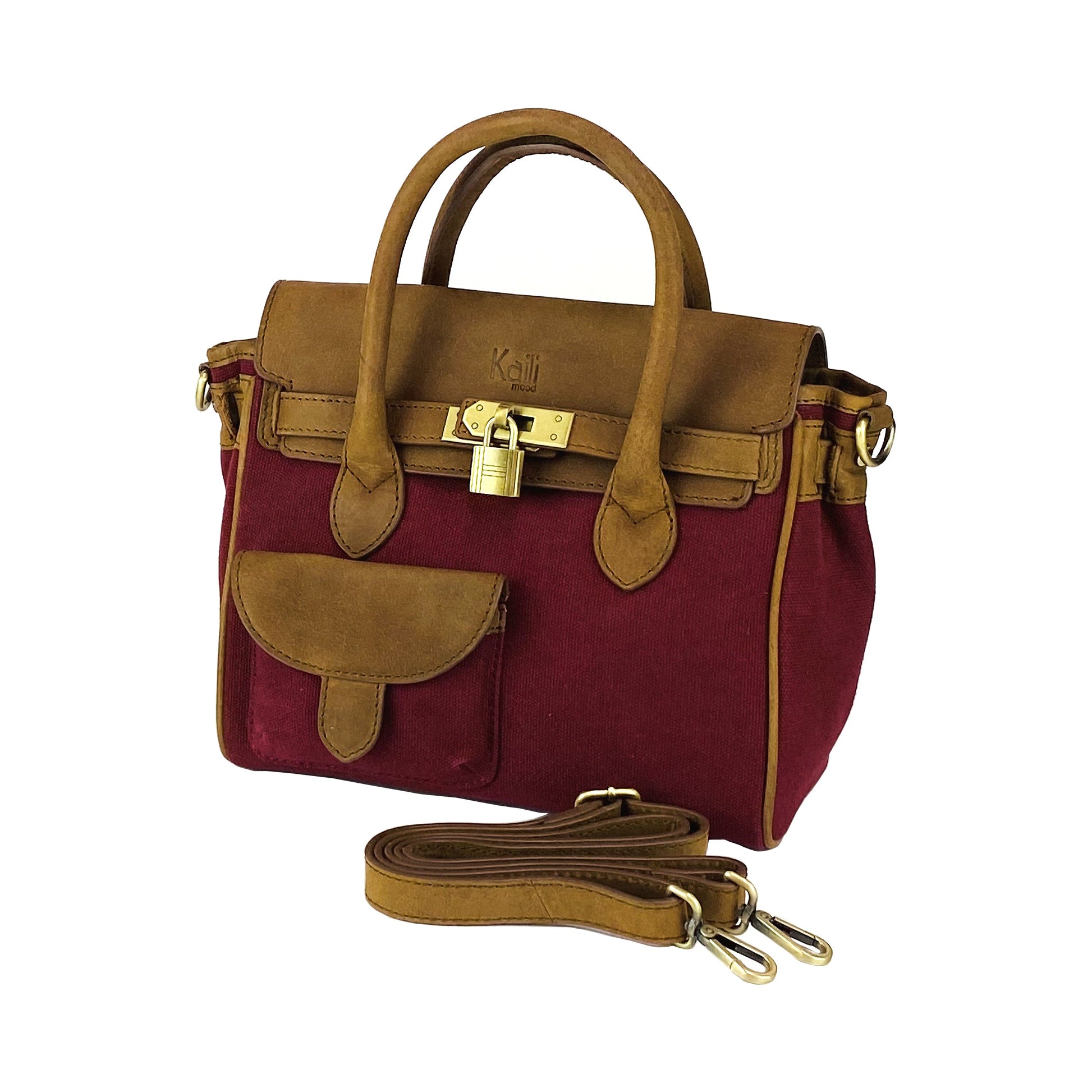 K0042XCB | Mini Handbag in Canvas/Genuine Leather Made in Italy. Removable shoulder strap. Attachments with antique brass metal snap hooks - Bordeaux color - Dimensions: cm 24 x 20 x 12