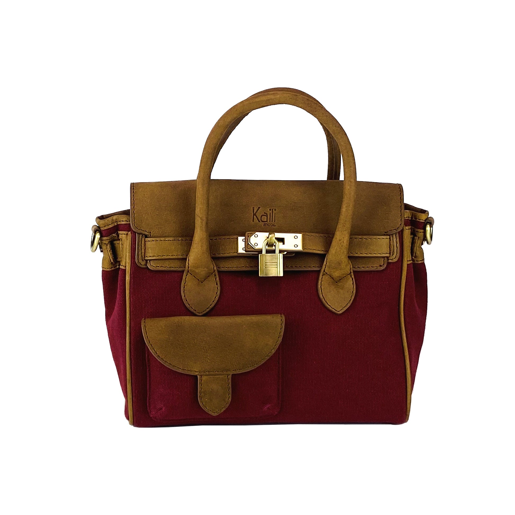 K0042XCB | Mini Handbag in Canvas/Genuine Leather Made in Italy. Removable shoulder strap. Attachments with antique brass metal snap hooks - Bordeaux color - Dimensions: cm 24 x 20 x 12