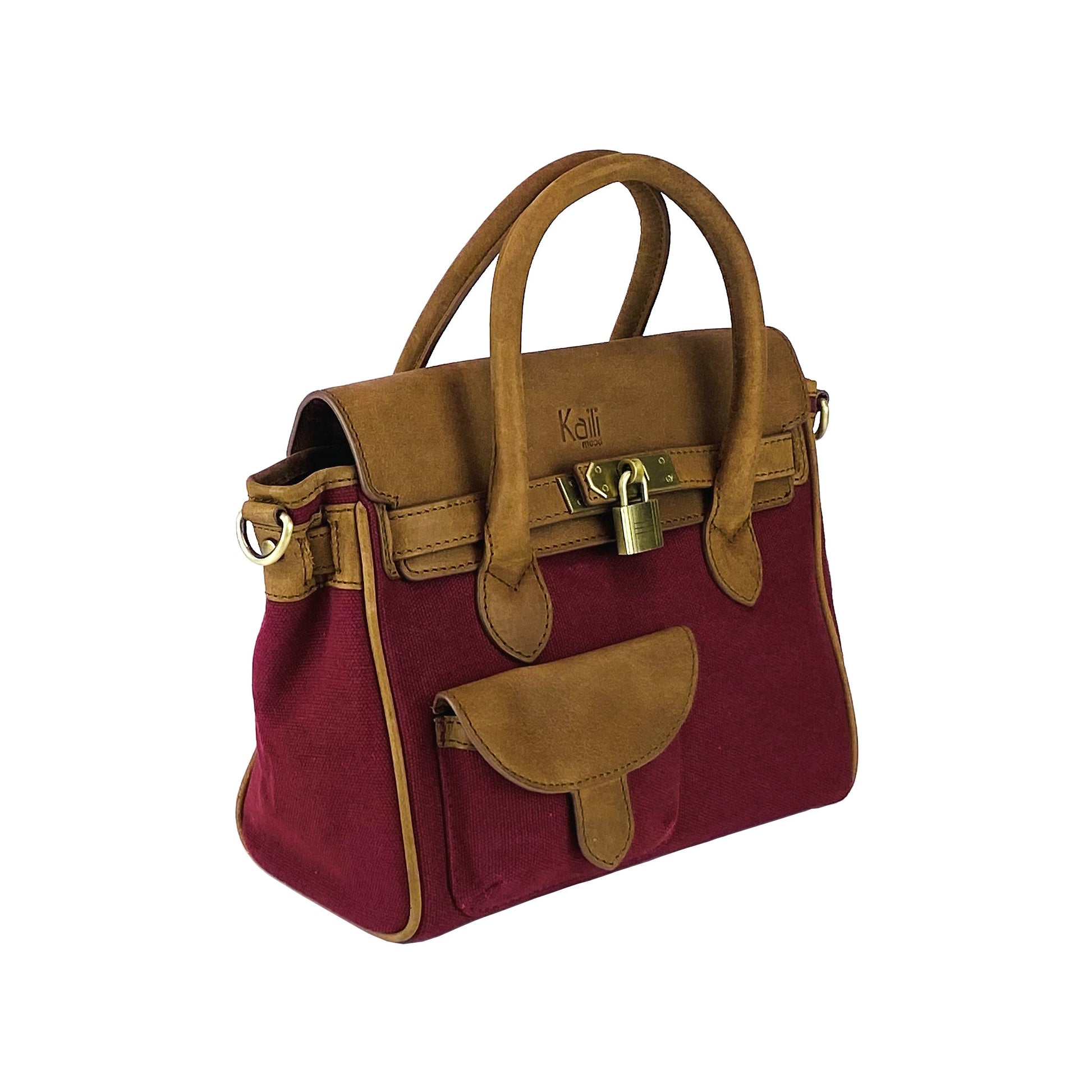 K0042XCB | Mini Handbag in Canvas/Genuine Leather Made in Italy. Removable shoulder strap. Attachments with antique brass metal snap hooks - Bordeaux color - Dimensions: cm 24 x 20 x 12