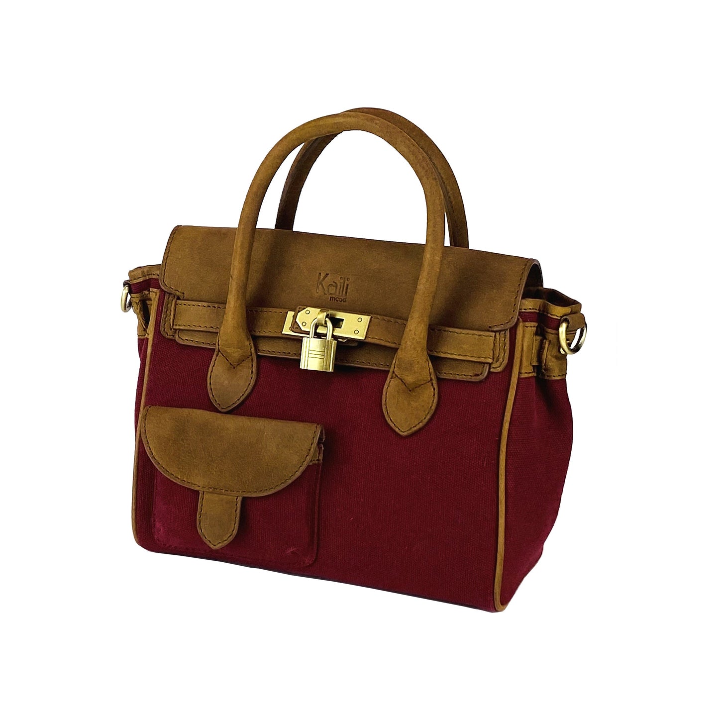 K0042XCB | Borsa a Mano Mini in Canvas/Vera Pelle Made in Italy. Tracolla removibile. Attacchi con moschettoni in metallo Ottone Anticato - Colore Bordeaux - Dimensioni: cm 24 x 20 x 12-3