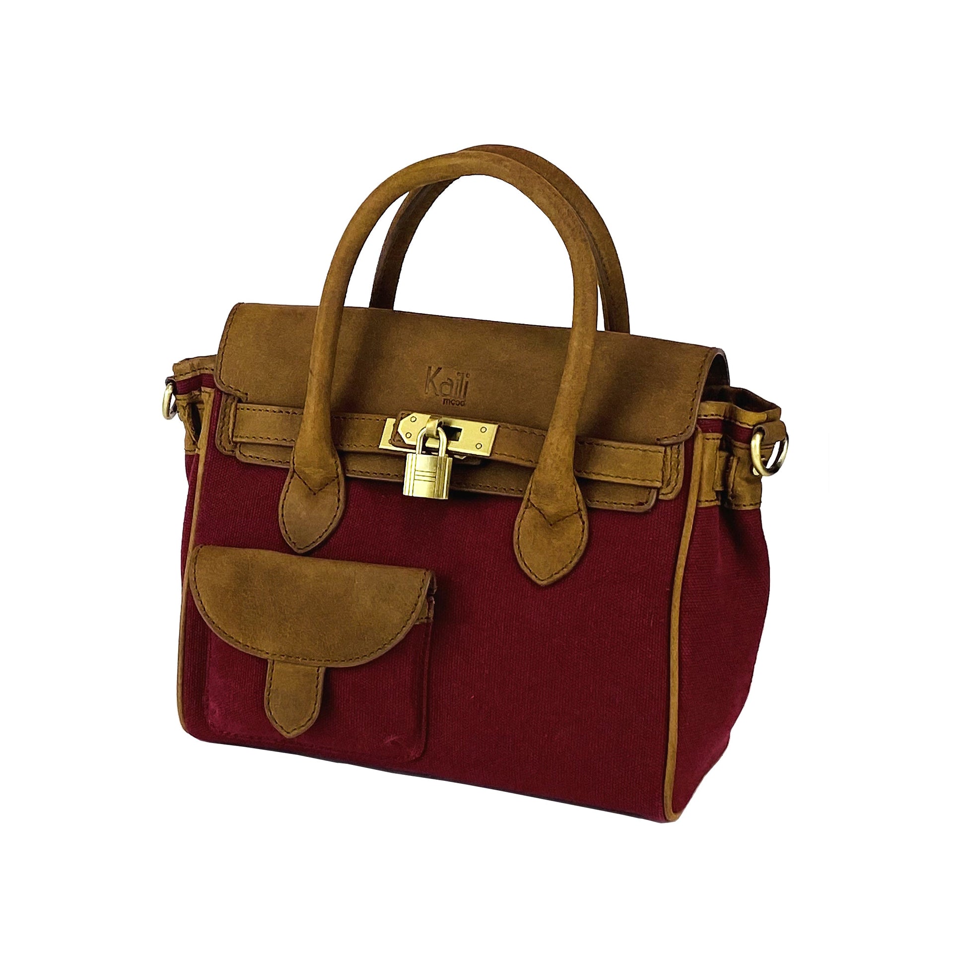 K0042XCB | Mini Handbag in Canvas/Genuine Leather Made in Italy. Removable shoulder strap. Attachments with antique brass metal snap hooks - Bordeaux color - Dimensions: cm 24 x 20 x 12