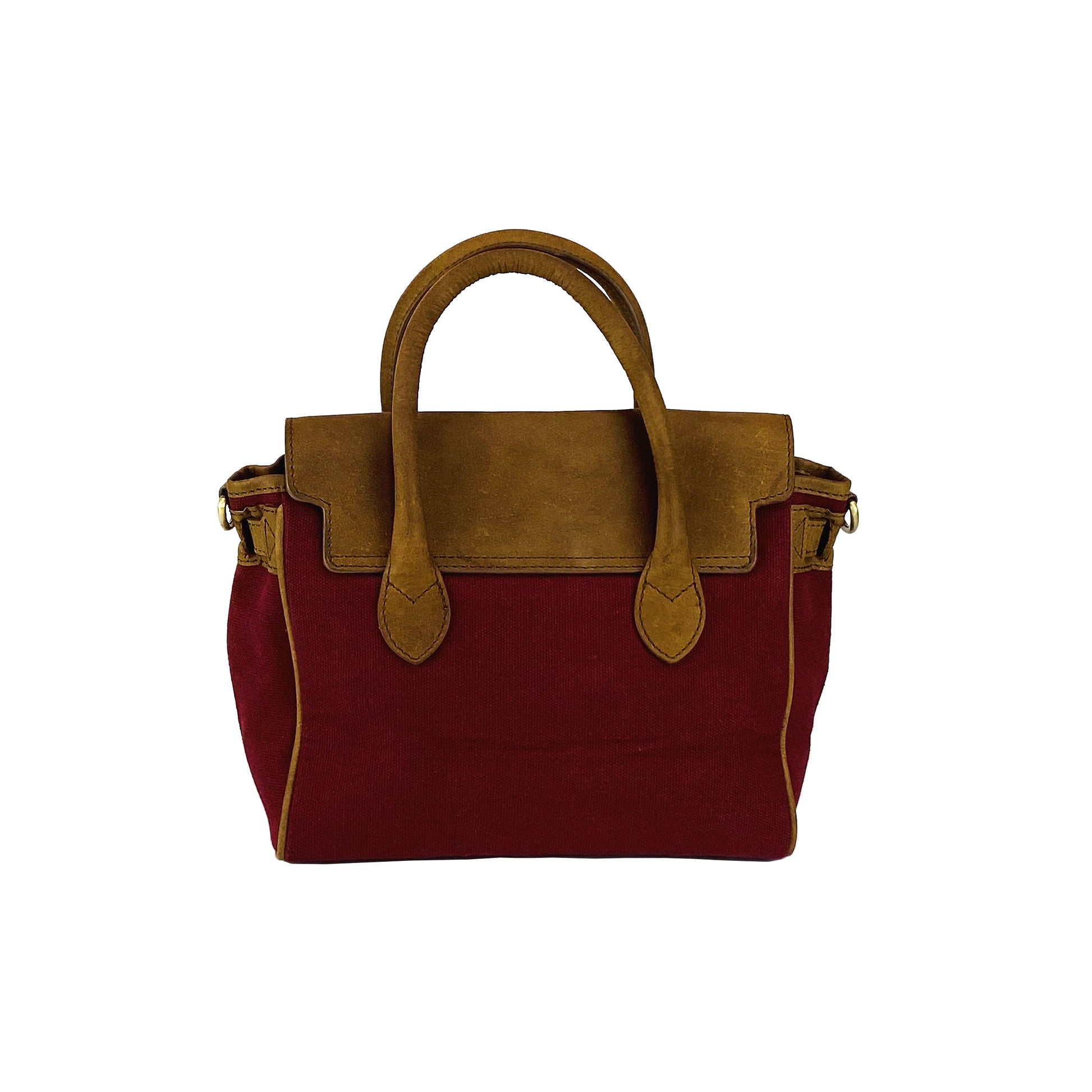 K0042XCB | Mini Handbag in Canvas/Genuine Leather Made in Italy. Removable shoulder strap. Attachments with antique brass metal snap hooks - Bordeaux color - Dimensions: cm 24 x 20 x 12