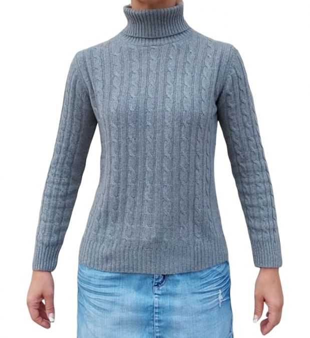 Maglia donna a trecce collo alto in cashmere rigenerato-1