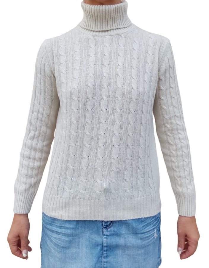 Maglia donna a trecce collo alto in cashmere rigenerato-3