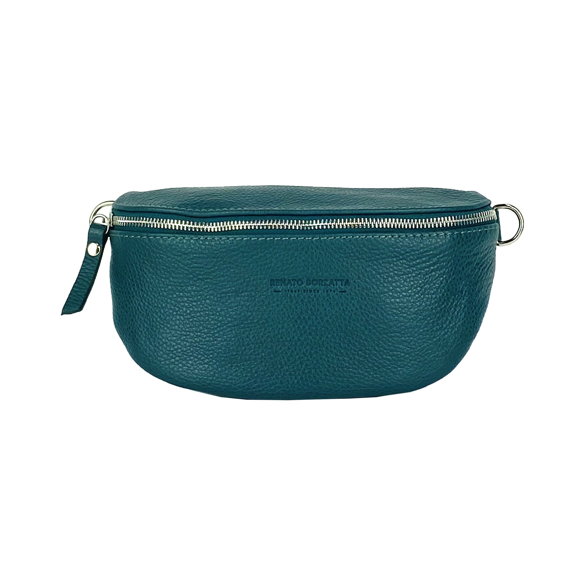 RB1015BZ | Waist bag with removable shoulder strap in Genuine Leather Made in Italy. Attachments with shiny nickel metal snap hooks - Teal color - Dimensions: 24 x 14 x 7-1