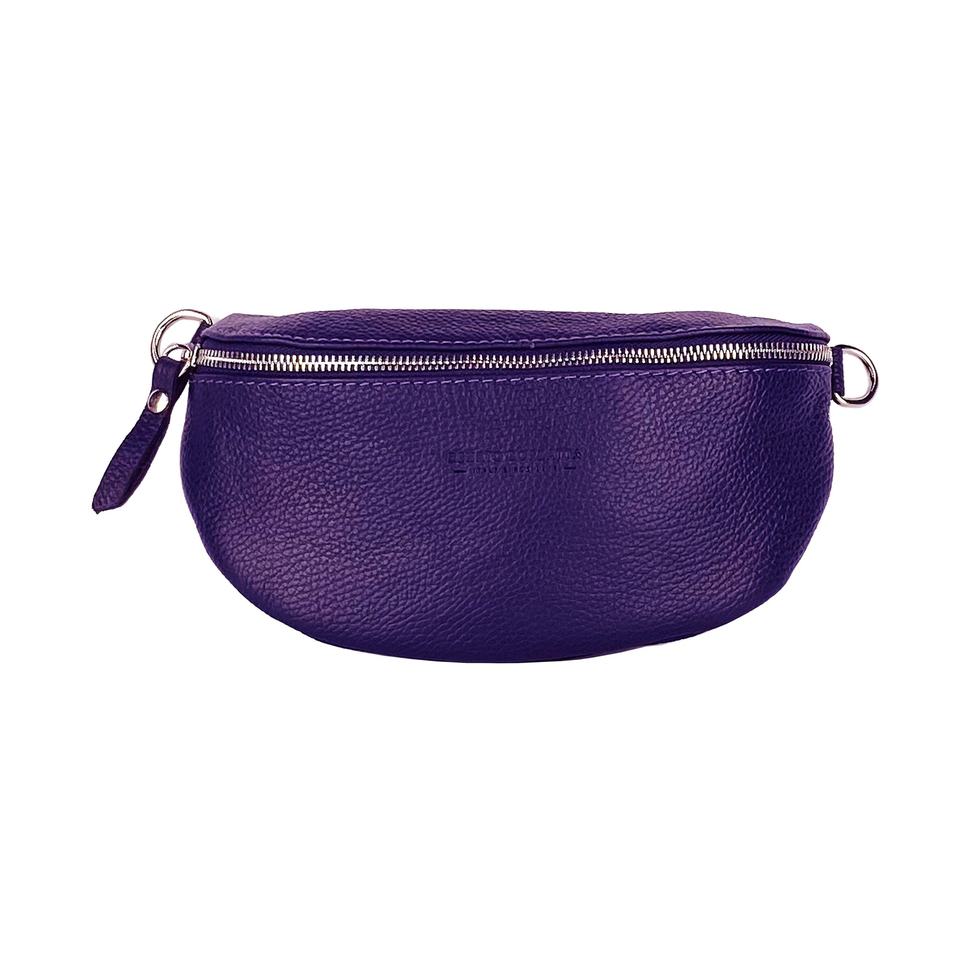 RB1015Y | Marsupio con tracolla removibile in Vera Pelle Made in Italy. Attacchi con moschettoni in metallo Nickel Lucido - Colore Viola - Dimensioni: 24 x 14 x 7-1