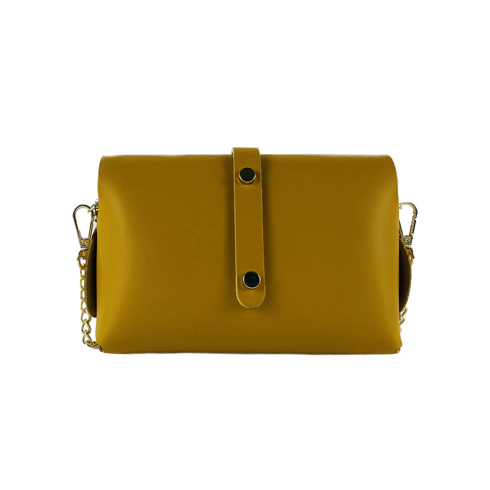 RB1001AR | Small bag in genuine leather Made in Italy with removable shoulder strap and shiny gold metal closure loop - Mustard color - Dimensions: 16.5 x 11 x 8 cm-1