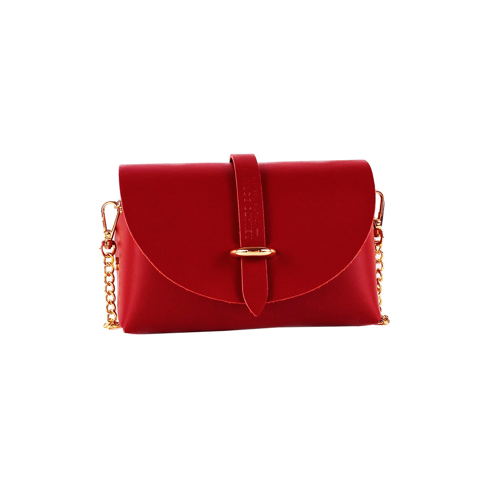 RB1001V | Borsa Piccola in Vera Pelle Made in Italy con Tracollina removibile e passante di chiusura in metallo Oro Lucido - Colore Rosso - Dimensioni: cm 16,5 x 11 x 8-1