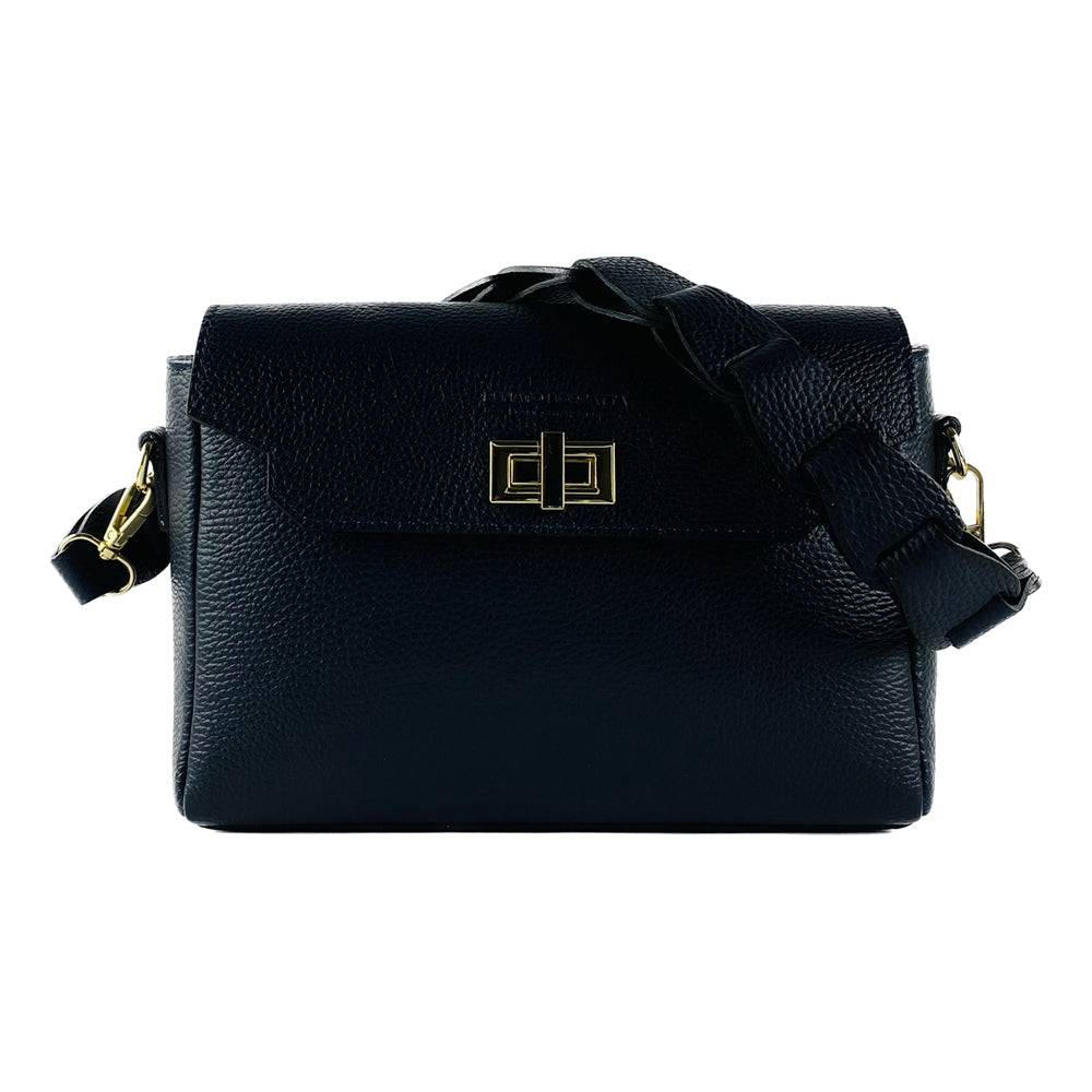 RB1003D | Genuine Leather Shoulder Bag Made in Italy with removable braided shoulder strap and attachments with shiny gold metal snap hooks - Blue color - Dimensions: 28 x 19 x 9 cm-4