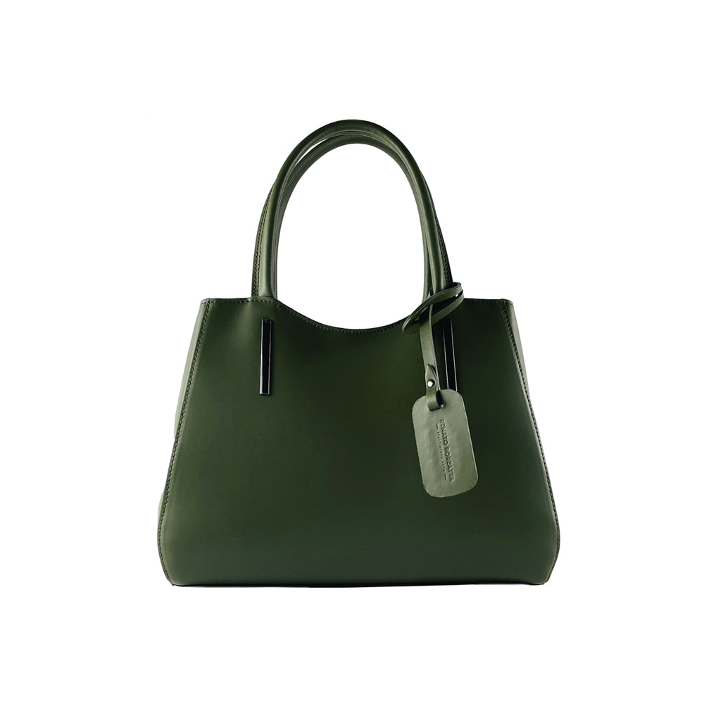 RB1004E | Borsa a Mano in Vera Pelle Made in Italy con Tracollina removibile e attacchi con moschettoni in metallo Canna di Fucile - Colore Verde - Dimensioni: cm 33 x 25 x 15 + Manici 13 cm-0