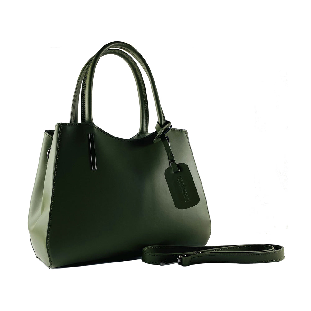 RB1004E | Borsa a Mano in Vera Pelle Made in Italy con Tracollina removibile e attacchi con moschettoni in metallo Canna di Fucile - Colore Verde - Dimensioni: cm 33 x 25 x 15 + Manici 13 cm-2