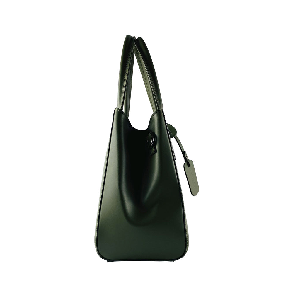 RB1004E | Borsa a Mano in Vera Pelle Made in Italy con Tracollina removibile e attacchi con moschettoni in metallo Canna di Fucile - Colore Verde - Dimensioni: cm 33 x 25 x 15 + Manici 13 cm-4