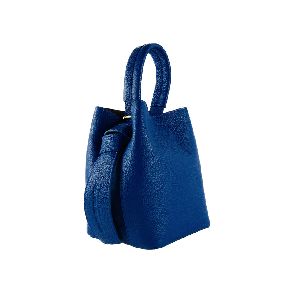 RB1006CH | Borsa a Secchiello con Pochette in Vera Pelle Made in Italy.Tracollina con attacchi a moschettone in metallo Oro Lucido - Blu Royal - Dimensioni: cm 16 x 14 x 21 + Manico 13 cm-0