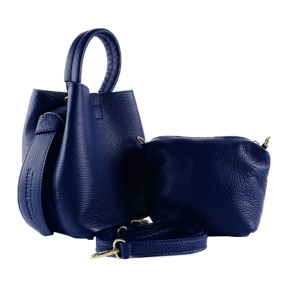 RB1006D | Borsa a Secchiello con Pochette in Vera Pelle Made in Italy.Tracollina con attacchi a moschettone in metallo Oro Lucido  - Colore Blu - Dimensioni: cm 16 x 14 x 21 + Manico 13 cm-4