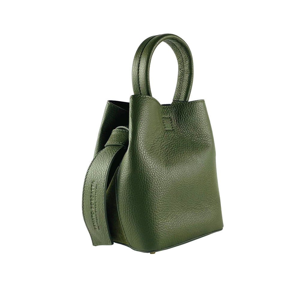 RB1006E | Borsa a Secchiello con Pochette in Vera Pelle Made in Italy.Tracollina con attacchi a moschettone in metallo Oro Lucido - Col. Verde - Dimensioni: cm 16 x 14 x 21 + Manico 13 cm-0