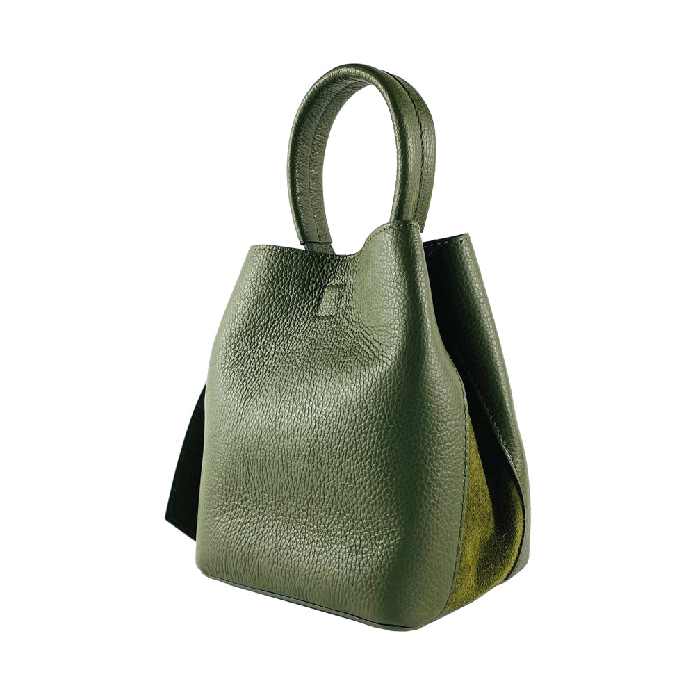 RB1006E | Borsa a Secchiello con Pochette in Vera Pelle Made in Italy.Tracollina con attacchi a moschettone in metallo Oro Lucido - Col. Verde - Dimensioni: cm 16 x 14 x 21 + Manico 13 cm-2