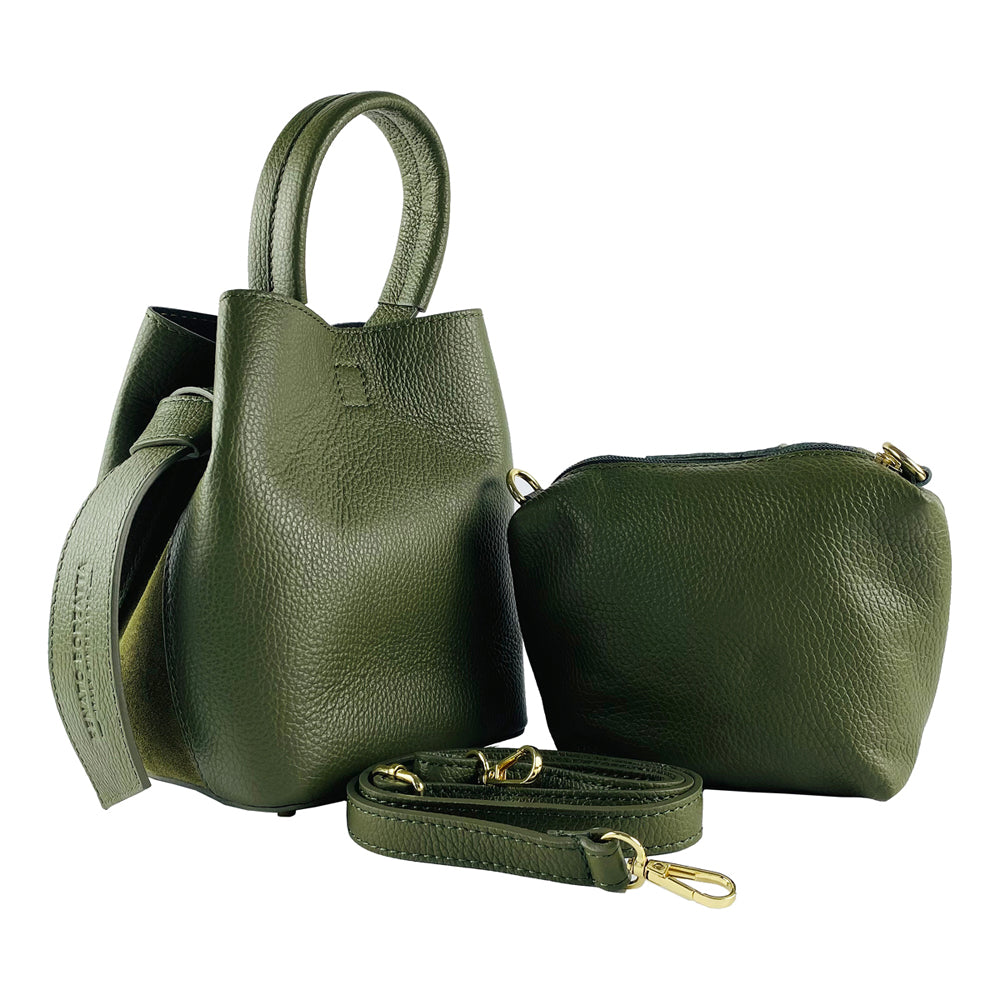 RB1006E | Borsa a Secchiello con Pochette in Vera Pelle Made in Italy.Tracollina con attacchi a moschettone in metallo Oro Lucido - Col. Verde - Dimensioni: cm 16 x 14 x 21 + Manico 13 cm-4