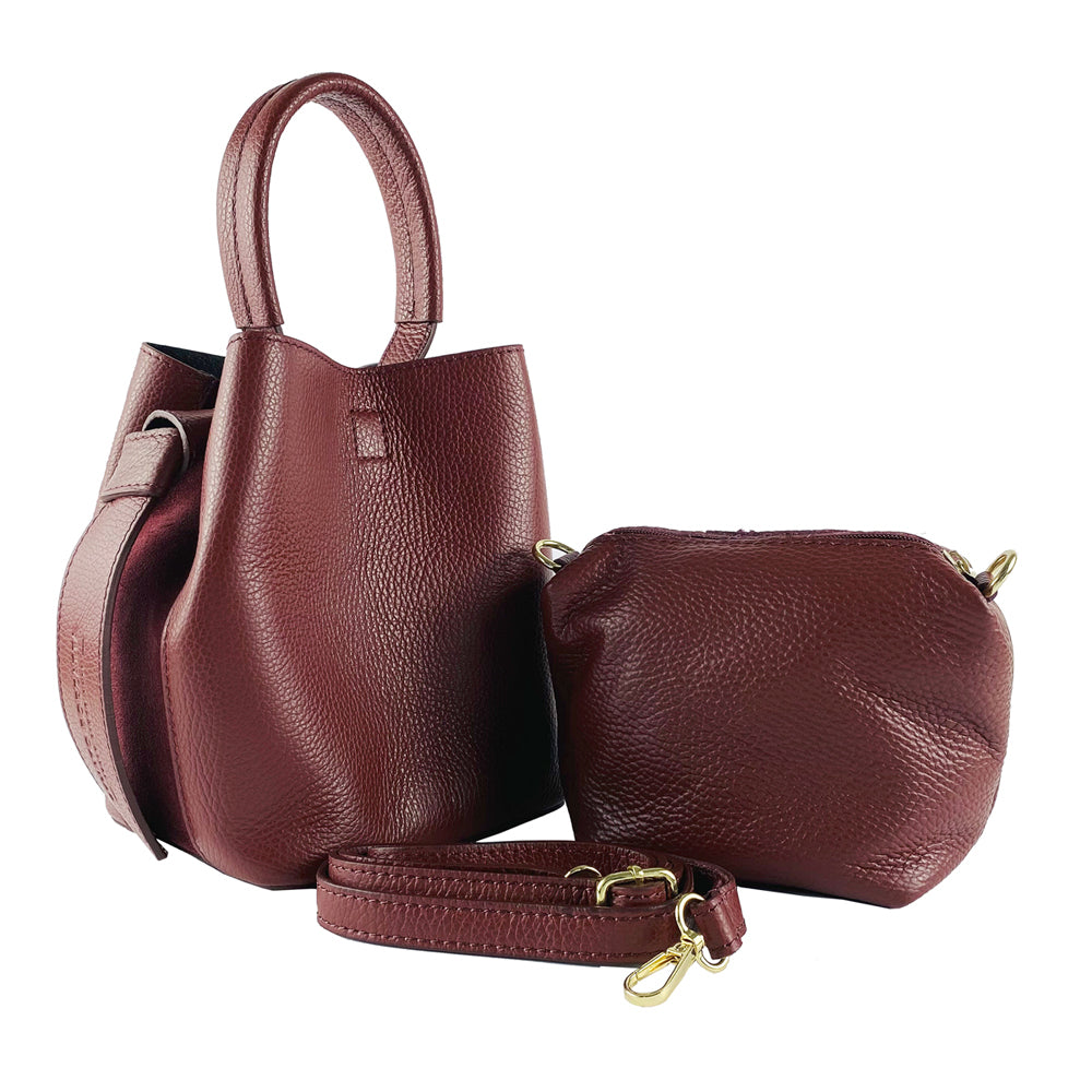 RB1006X | Bucket Bag with Clutch in Genuine Leather Made in Italy. Shoulder bag with shiny gold metal lobster clasp attachments - Bordeaux color - Dimensions: 16 x 14 x 21 cm + Handle 13 cm-4