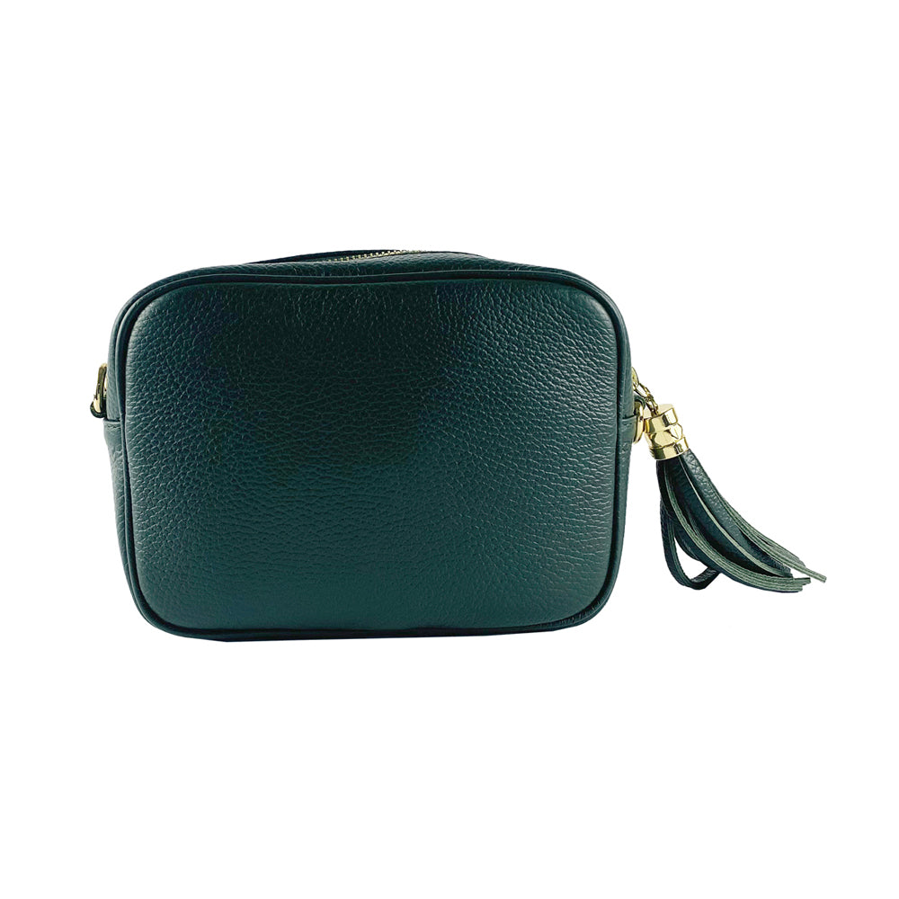 RB1007E | Women's shoulder bag in genuine leather Made in Italy. Removable shoulder strap. Attachments with shiny gold metal snap hooks - Green color - Dimensions: 20 x 15 x 7 cm-3