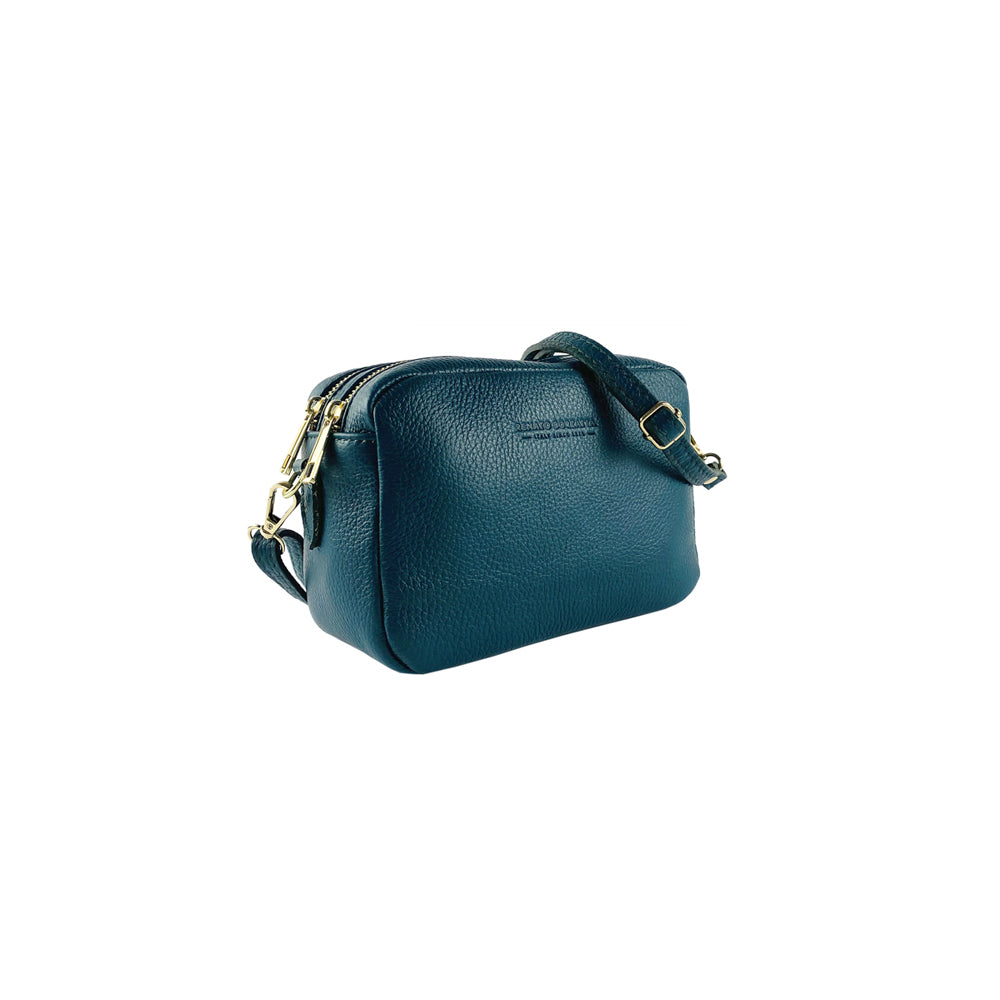 RB1008E | Women's Double Zip Shoulder Bag in Genuine Leather Made in Italy. Removable shoulder strap. Attachments with shiny gold metal snap hooks - Green color - Dimensions: 20 x 15 x 9 cm-0