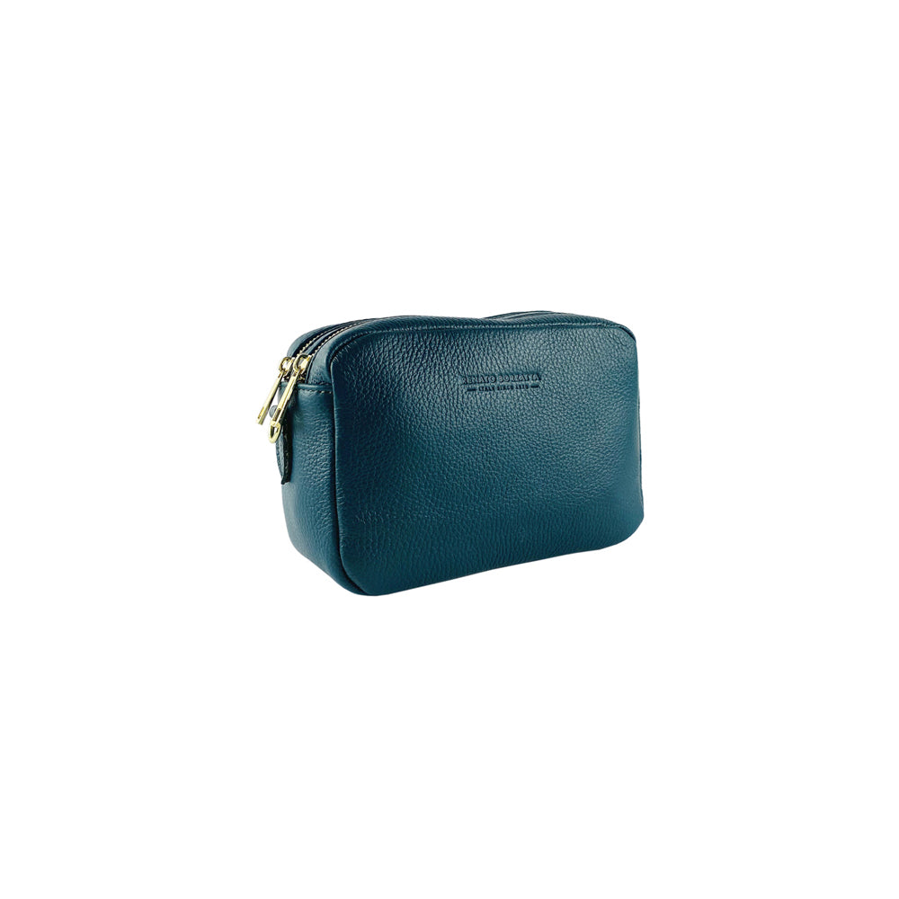 RB1008E | Women's Double Zip Shoulder Bag in Genuine Leather Made in Italy. Removable shoulder strap. Attachments with shiny gold metal snap hooks - Green color - Dimensions: 20 x 15 x 9 cm-4