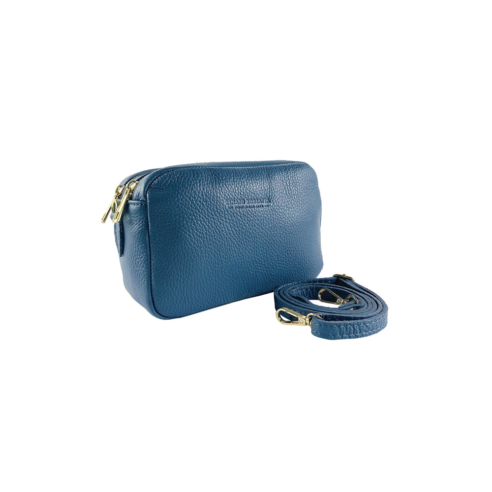 RB1008P | Women's Double Zip Shoulder Bag in Genuine Leather Made in Italy. Removable shoulder strap. Attachments with shiny gold metal snap hooks - Avio color - Dimensions: 20 x 15 x 9 cm-2