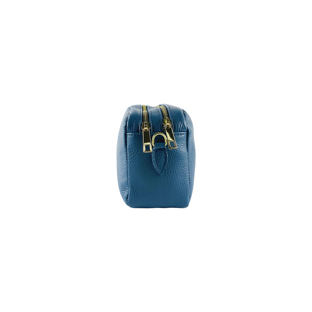 RB1008P | Women's Double Zip Shoulder Bag in Genuine Leather Made in Italy. Removable shoulder strap. Attachments with shiny gold metal snap hooks - Avio color - Dimensions: 20 x 15 x 9 cm-4