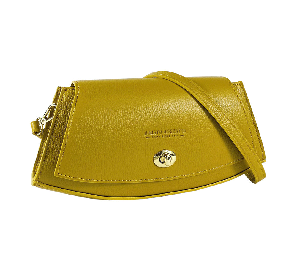 RB1009AR | Borsa Donna a Spalla in Vera Pelle Made in Italy. Tracolla removibile. Attacchi con moschettoni in metallo Oro Lucido - Colore Senape - Dimensioni: cm 30 x 16 x 7-0