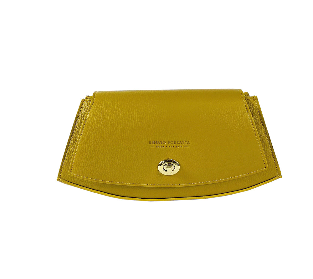 RB1009AR | Borsa Donna a Spalla in Vera Pelle Made in Italy. Tracolla removibile. Attacchi con moschettoni in metallo Oro Lucido - Colore Senape - Dimensioni: cm 30 x 16 x 7-2