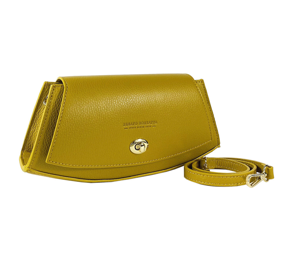 RB1009AR | Borsa Donna a Spalla in Vera Pelle Made in Italy. Tracolla removibile. Attacchi con moschettoni in metallo Oro Lucido - Colore Senape - Dimensioni: cm 30 x 16 x 7-3