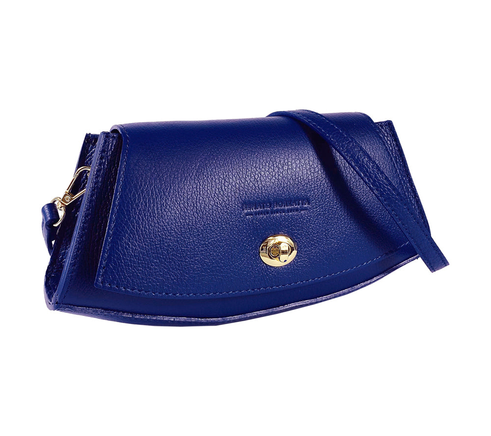 RB1009D | Borsa Donna a Spalla in Vera Pelle Made in Italy. Tracolla removibile. Attacchi con moschettoni in metallo Oro Lucido - Colore Blu - Dimensioni: cm 30 x 16 x 7-0