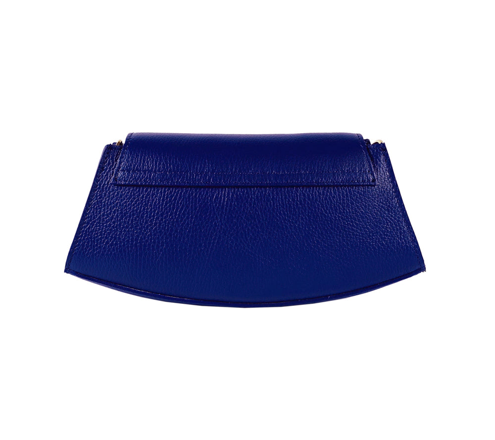 RB1009D | Borsa Donna a Spalla in Vera Pelle Made in Italy. Tracolla removibile. Attacchi con moschettoni in metallo Oro Lucido - Colore Blu - Dimensioni: cm 30 x 16 x 7-1