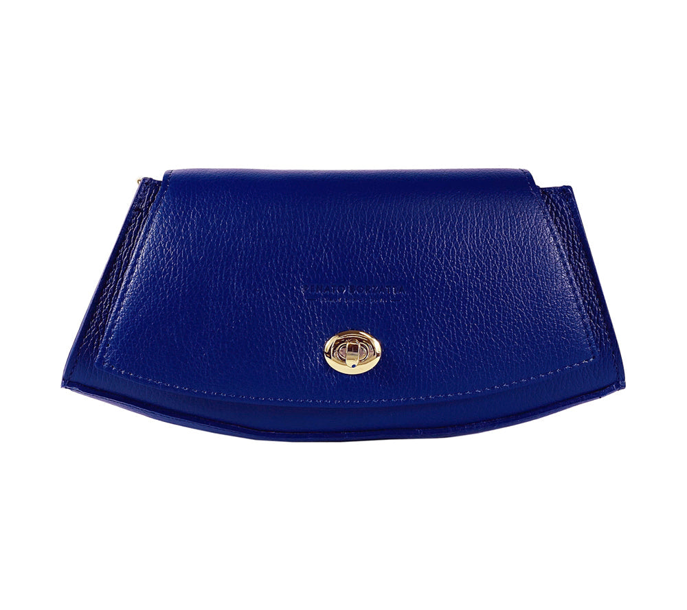 RB1009D | Borsa Donna a Spalla in Vera Pelle Made in Italy. Tracolla removibile. Attacchi con moschettoni in metallo Oro Lucido - Colore Blu - Dimensioni: cm 30 x 16 x 7-2