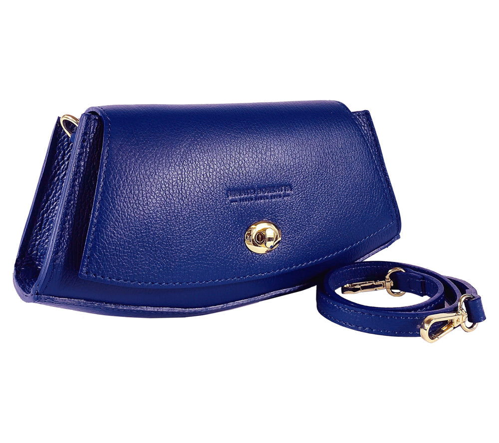 RB1009D | Borsa Donna a Spalla in Vera Pelle Made in Italy. Tracolla removibile. Attacchi con moschettoni in metallo Oro Lucido - Colore Blu - Dimensioni: cm 30 x 16 x 7-3