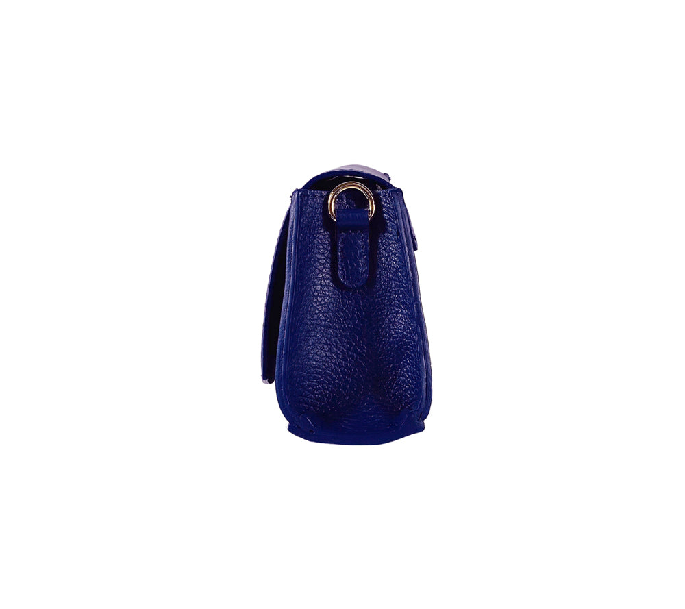 RB1009D | Borsa Donna a Spalla in Vera Pelle Made in Italy. Tracolla removibile. Attacchi con moschettoni in metallo Oro Lucido - Colore Blu - Dimensioni: cm 30 x 16 x 7-4