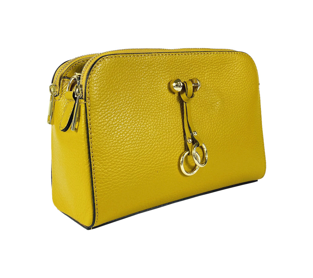 RB1011AR | Women's Shoulder Bag in Genuine Leather Made in Italy. Removable shoulder strap. Attachments with shiny gold metal snap hooks - Mustard colour - Dimensions: cm 25 x 17 x 10-4