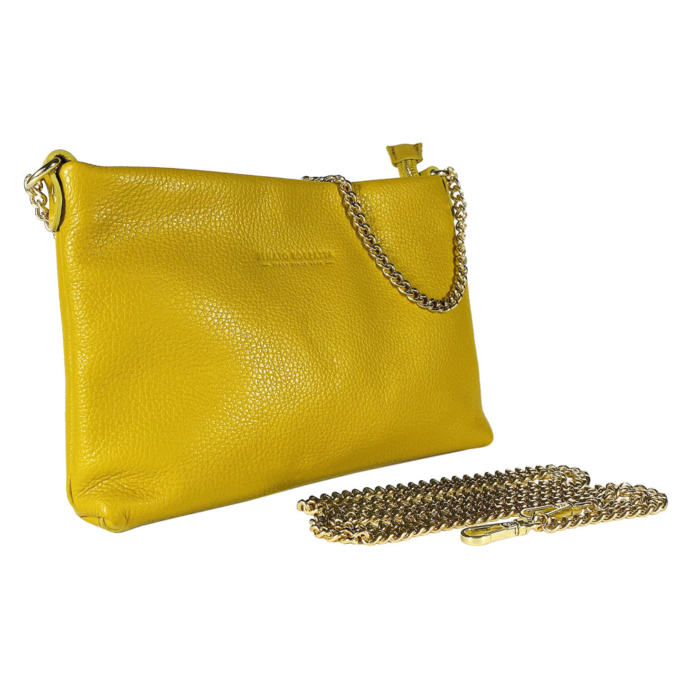 RB1012AR | Flat Shoulder Bag for Women in Genuine Leather Made in Italy with handle and removable metal shoulder strap. Attachments with shiny gold snap hooks - Mustard color - Dimensions: 26 x 17 x 5 cm-0