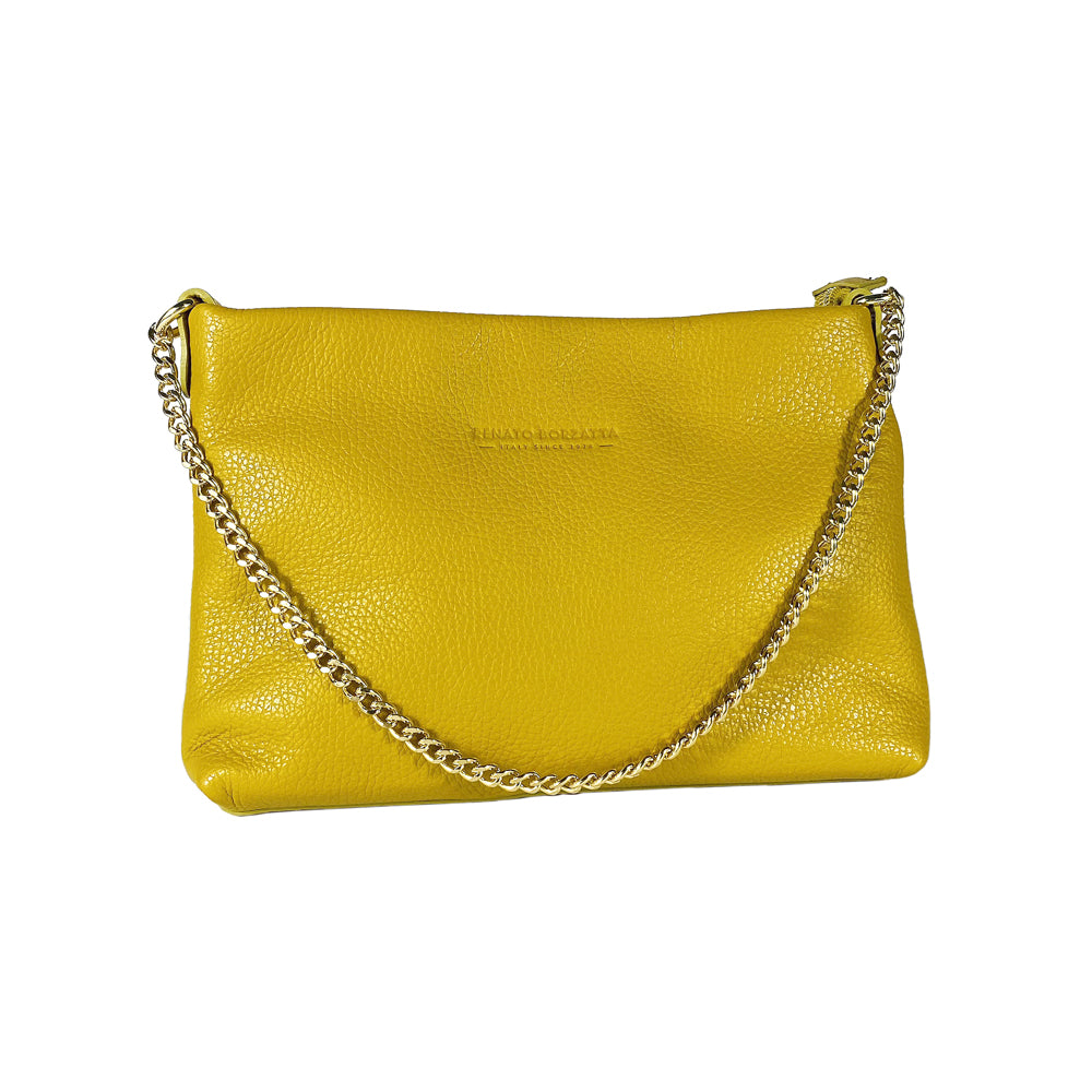 RB1012AR | Flat Shoulder Bag for Women in Genuine Leather Made in Italy with handle and removable metal shoulder strap. Attachments with shiny gold snap hooks - Mustard color - Dimensions: 26 x 17 x 5 cm-1