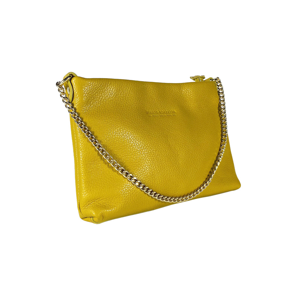 RB1012AR | Flat Shoulder Bag for Women in Genuine Leather Made in Italy with handle and removable metal shoulder strap. Attachments with shiny gold snap hooks - Mustard color - Dimensions: 26 x 17 x 5 cm-2